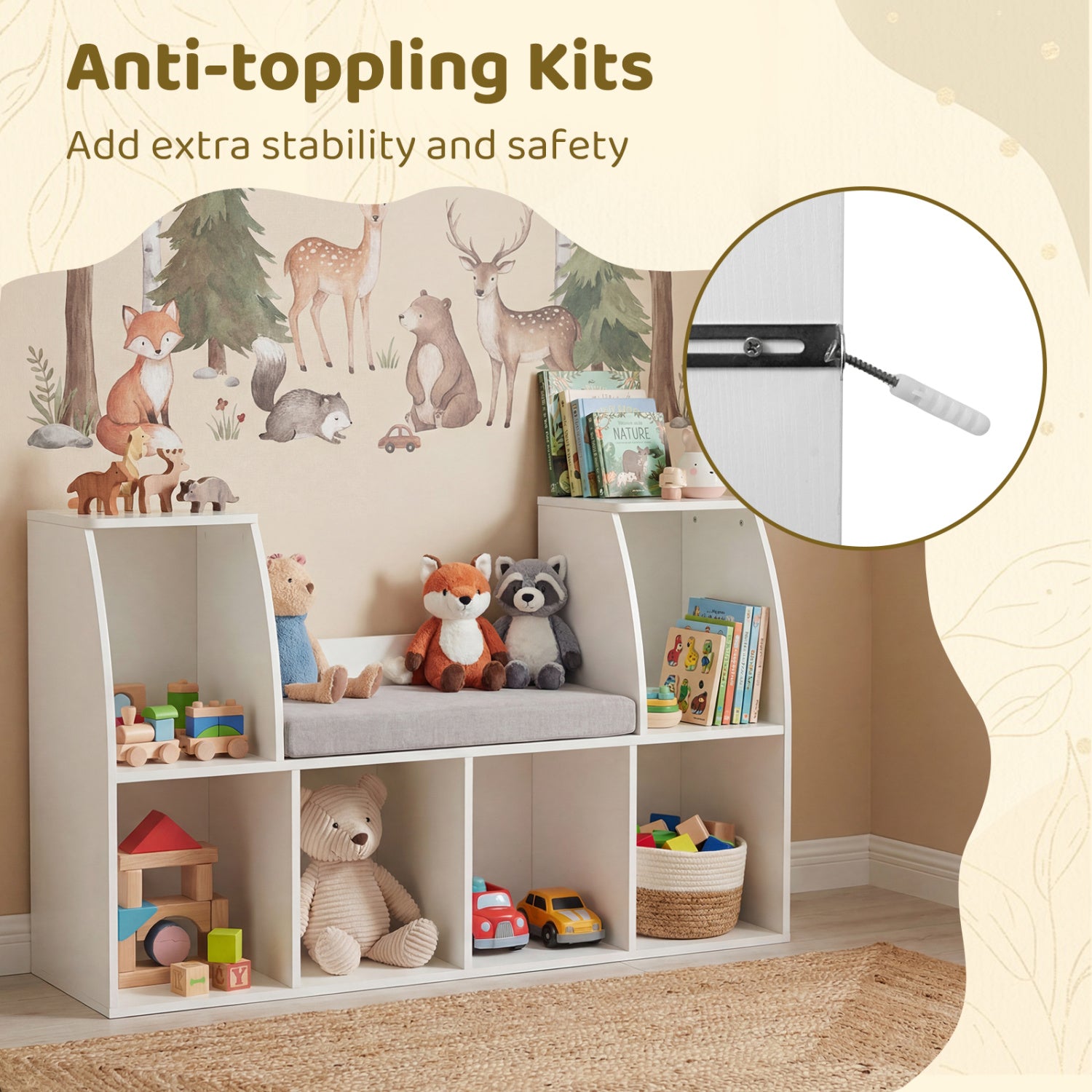 40 Inches Kids Bookshelf with Reading Nook Bookcase with 6 Open Cubes-White