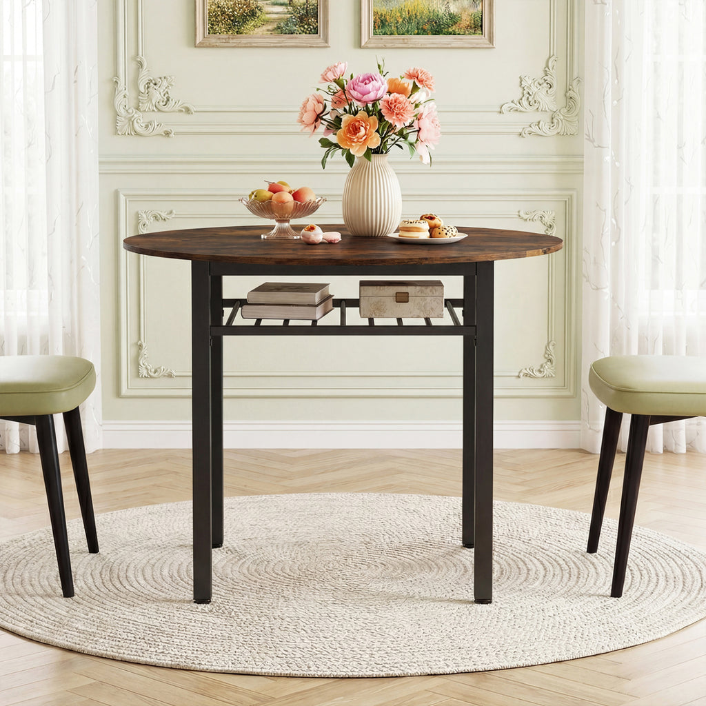 40€ Round Kitchen Table with Storage Shelf and Metal Frame for 4 People-Rustic Brown