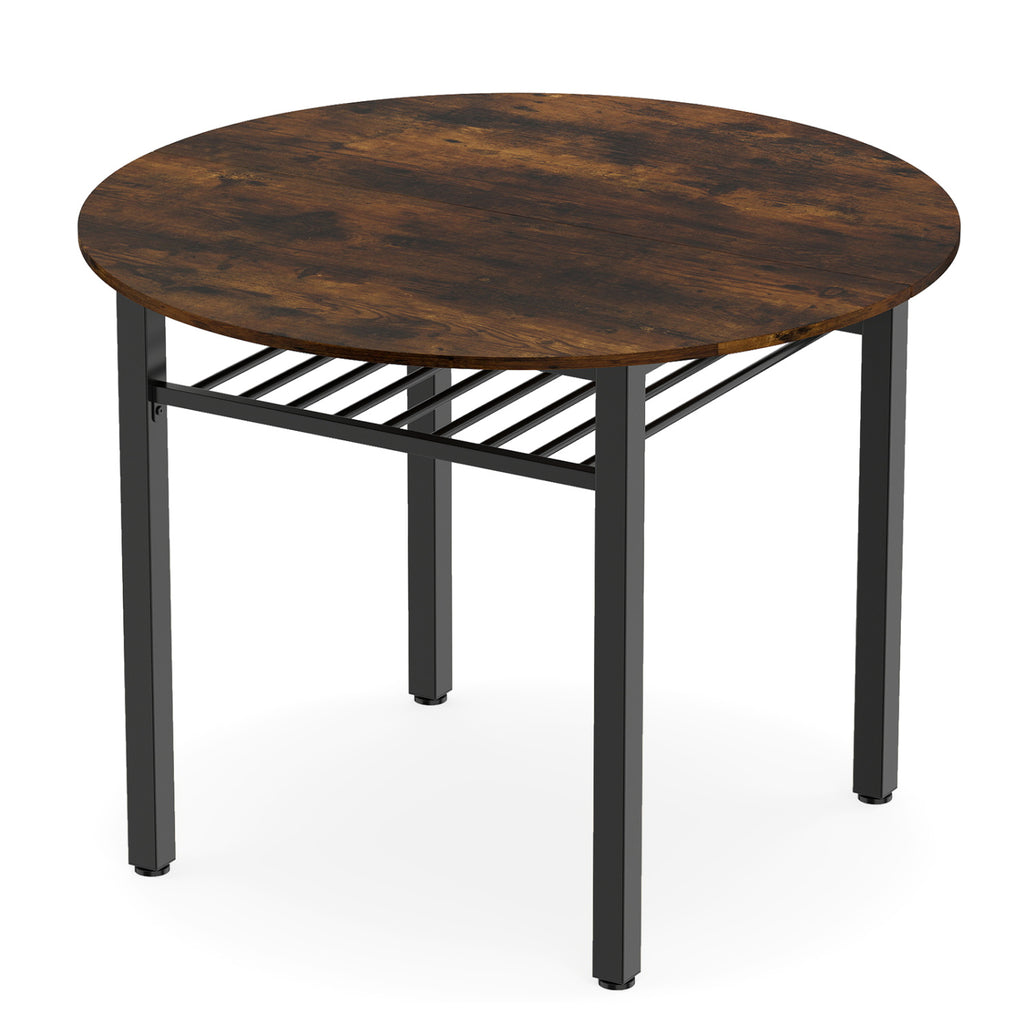 40€ Round Kitchen Table with Storage Shelf and Metal Frame for 4 People-Rustic Brown