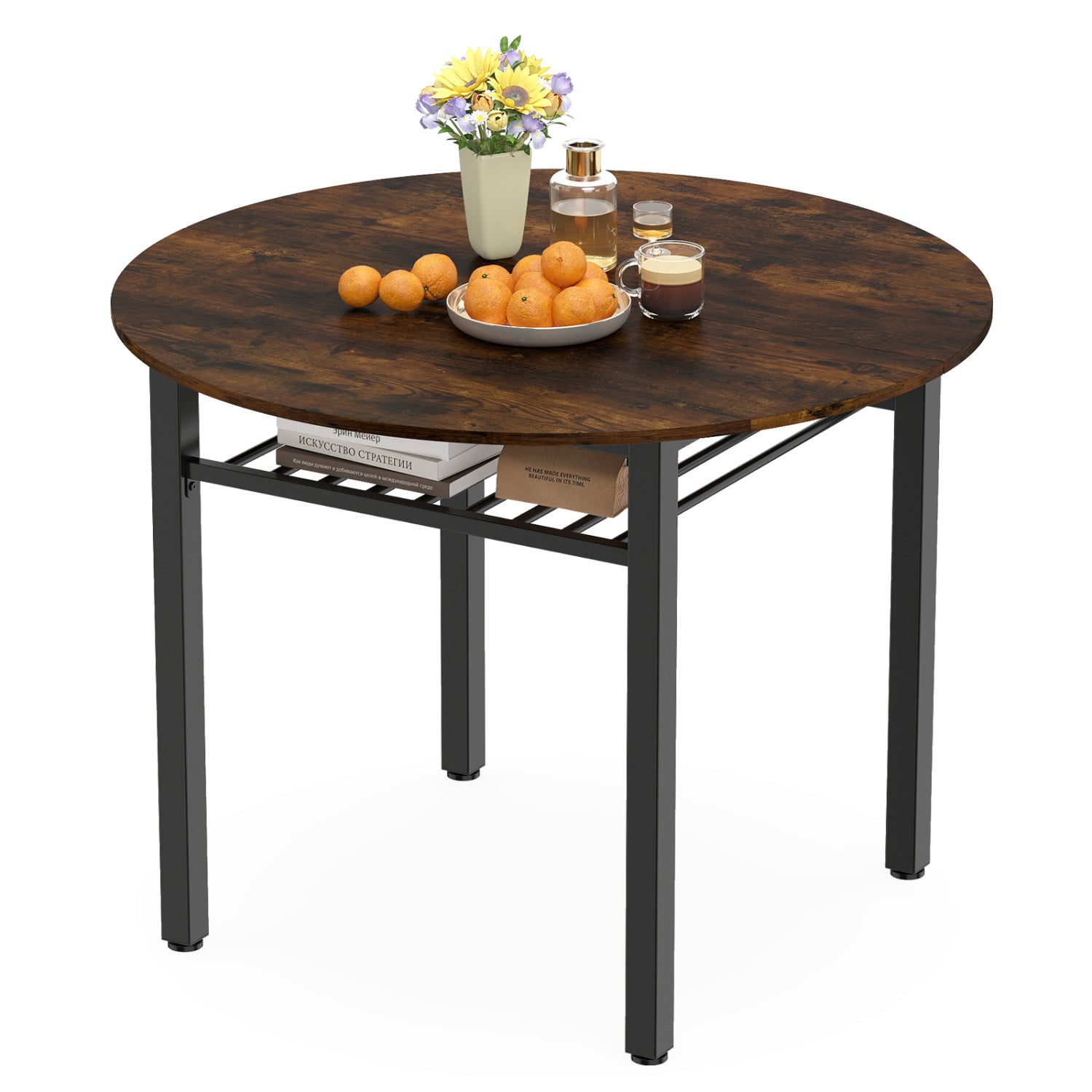 40€ Round Kitchen Table with Storage Shelf and Metal Frame for 4 People-Rustic Brown
