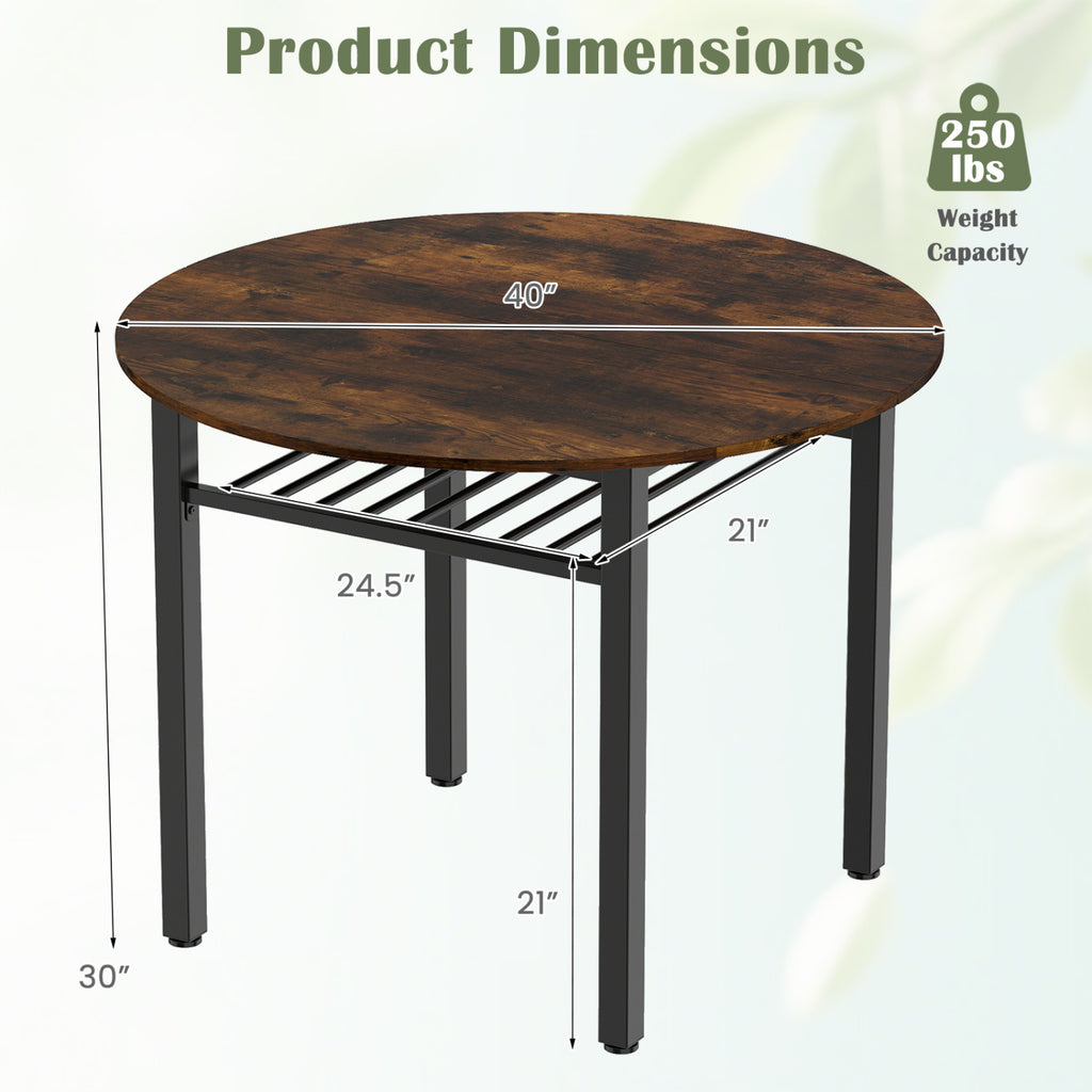 40€ Round Kitchen Table with Storage Shelf and Metal Frame for 4 People-Rustic Brown