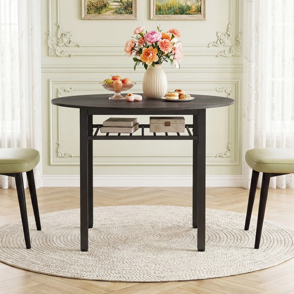 40€ Round Kitchen Table with Storage Shelf and Metal Frame for 4 People-Gray