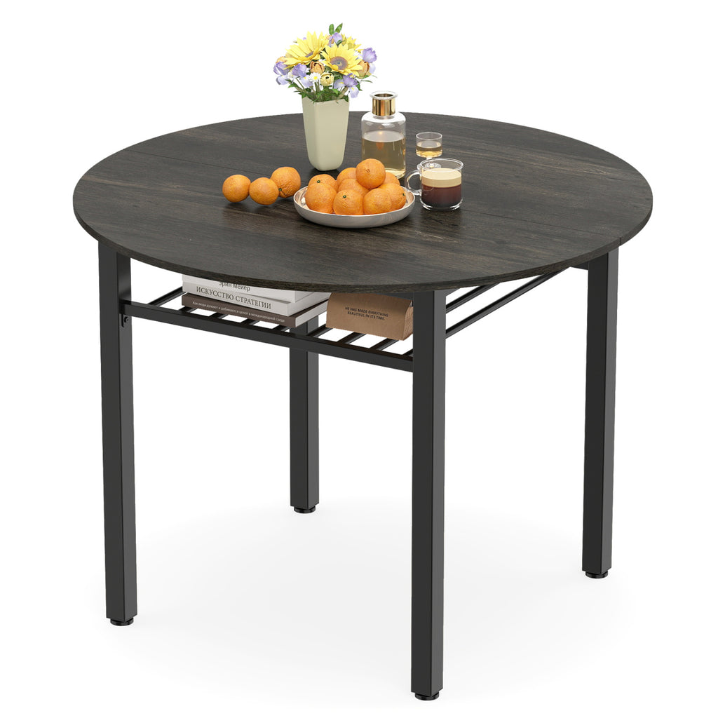 40€ Round Kitchen Table with Storage Shelf and Metal Frame for 4 People-Gray