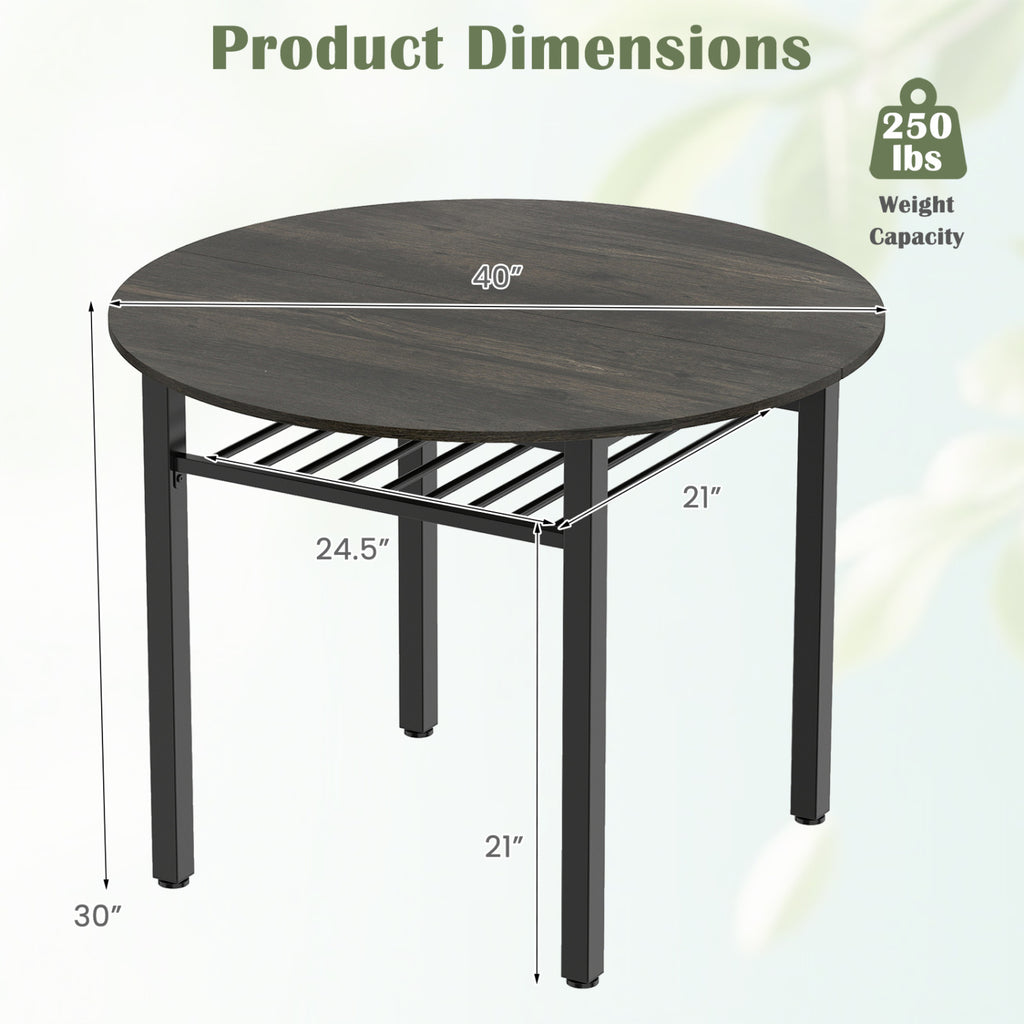 40€ Round Kitchen Table with Storage Shelf and Metal Frame for 4 People-Gray
