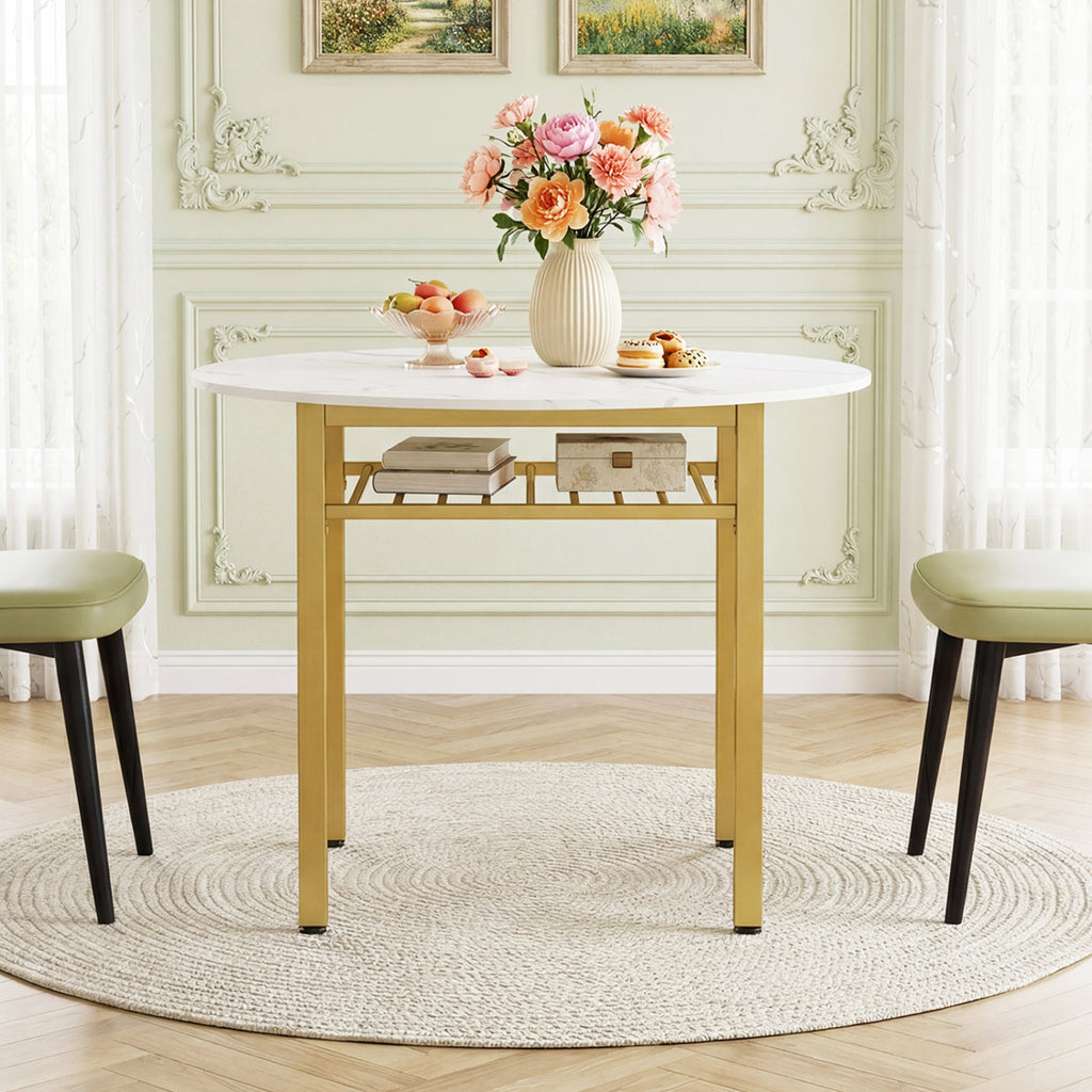 40€ Round Kitchen Table with Storage Shelf and Metal Frame for 4 People-White