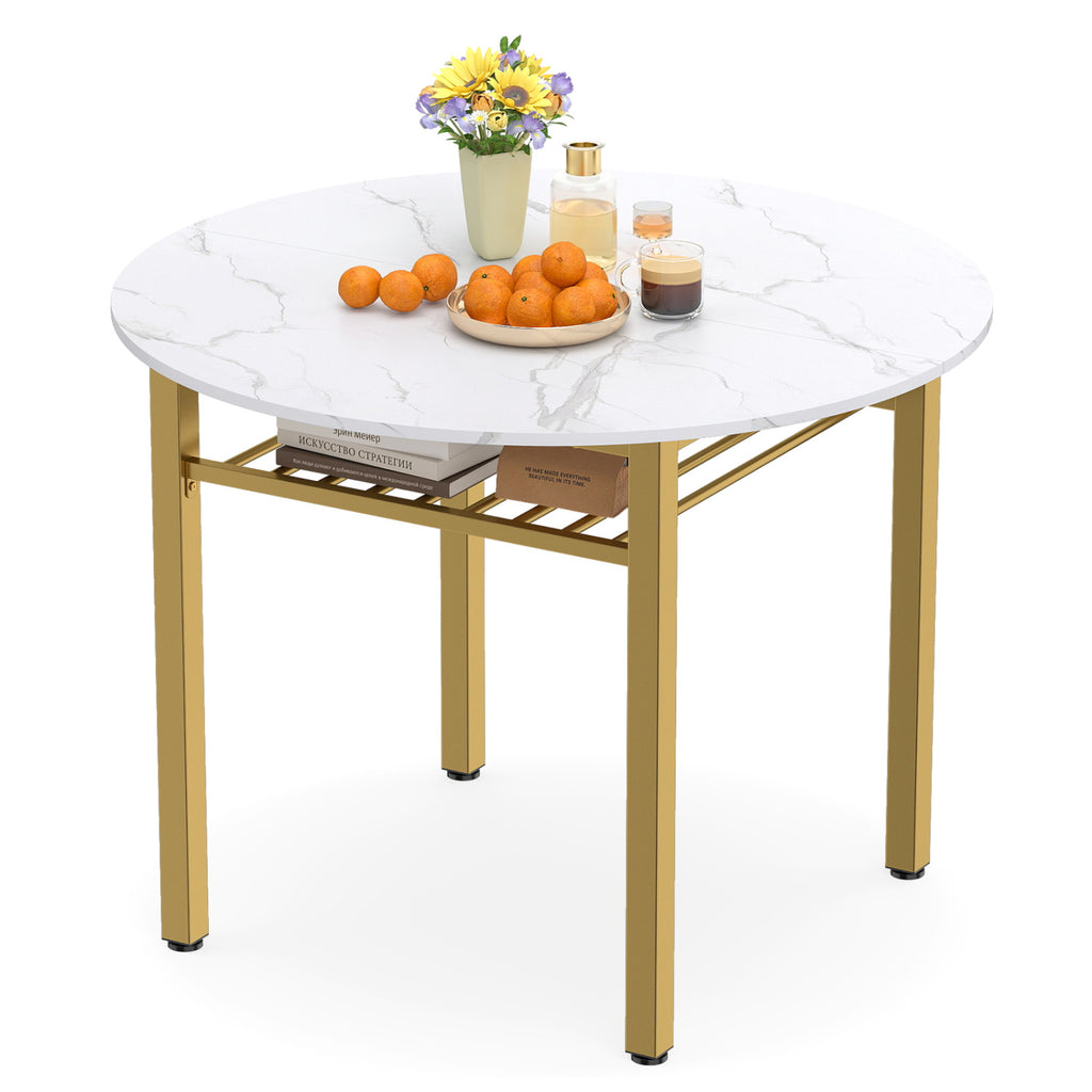 40€ Round Kitchen Table with Storage Shelf and Metal Frame for 4 People-White