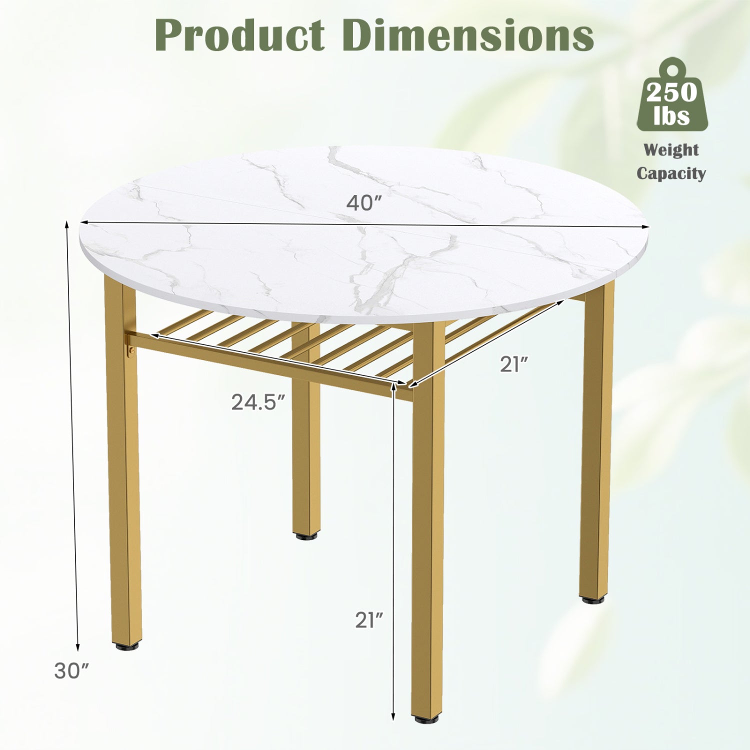 40€ Round Kitchen Table with Storage Shelf and Metal Frame for 4 People-White