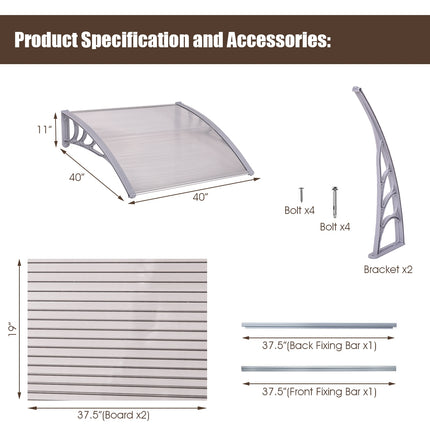40 x 40 Inch Outdoor Polycarbonate Front Door Window Awning Canopy-Gray