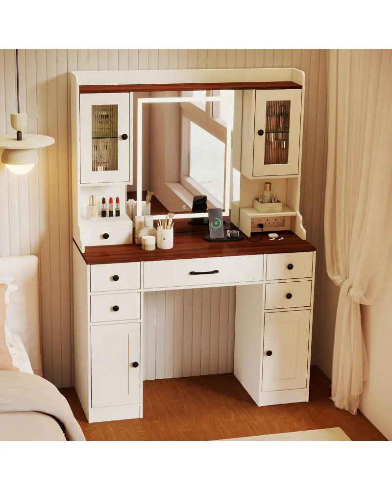 41.5 Inch Makeup Dressing Table with Power Outlets and 3 Color Lighting Modes-White+ - White - Makeup Vanities