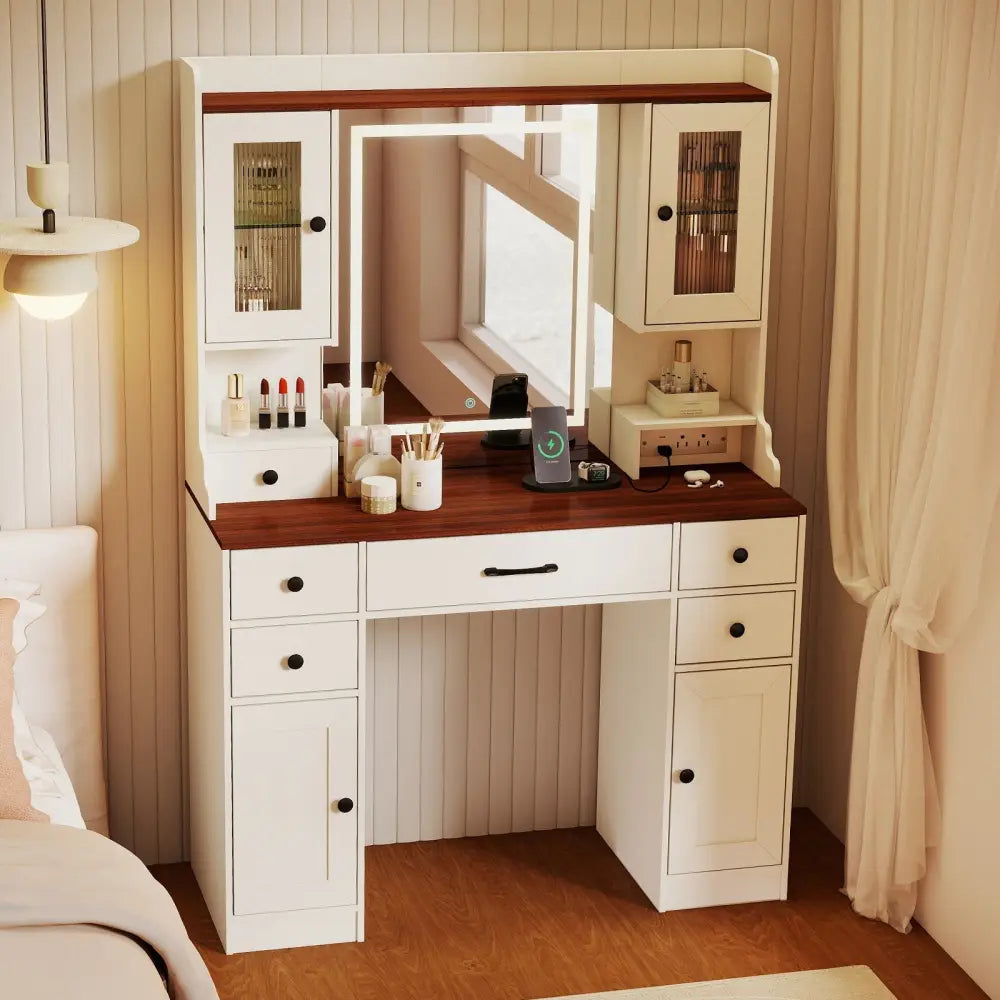41.5 Inch Makeup Dressing Table with Power Outlets and 3 Color Lighting Modes-White+ Costway