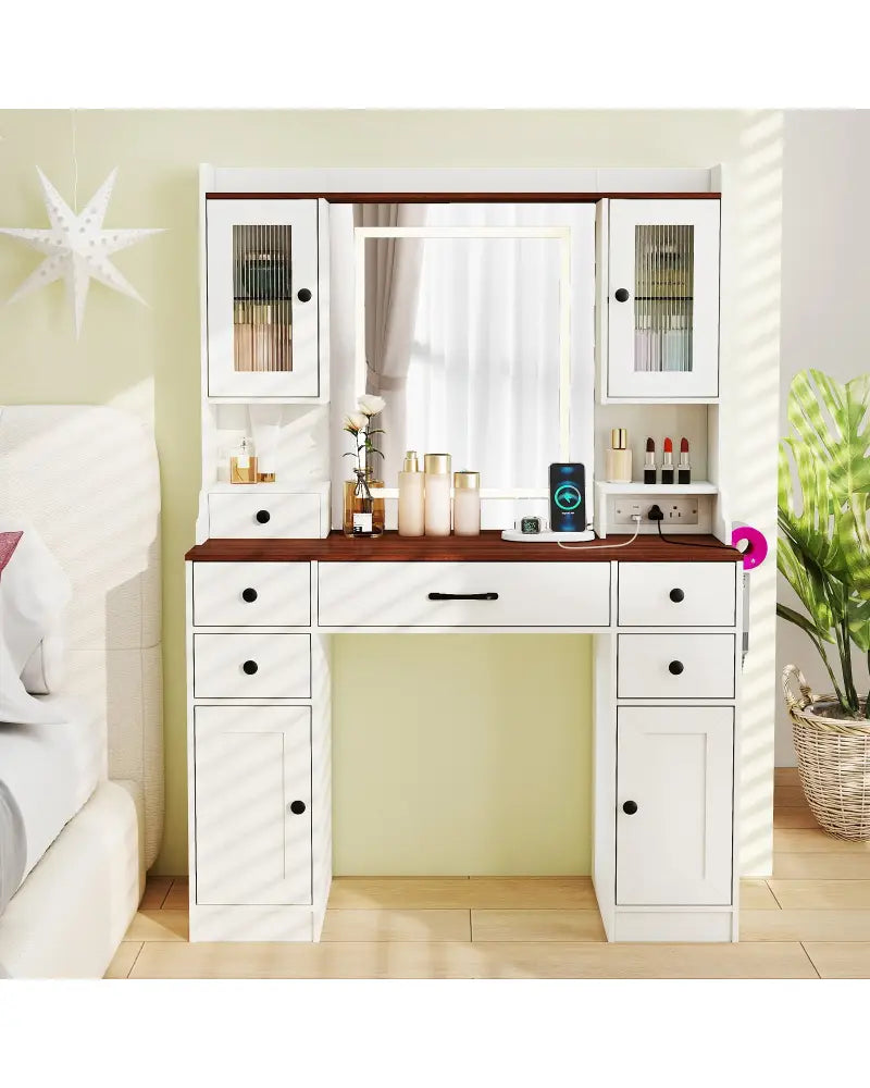 41.5 Inch Makeup Dressing Table with Power Outlets and 3 Color Lighting Modes-White+ - White - Makeup Vanities