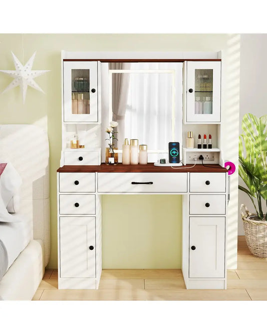 41.5 Inch Makeup Dressing Table with Power Outlets and 3 Color Lighting Modes-White+ - White - Makeup Vanities