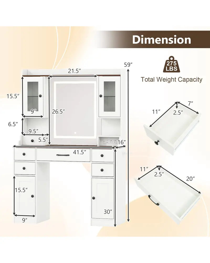 41.5 Inch Makeup Dressing Table with Power Outlets and 3 Color Lighting Modes-White+ - White - Makeup Vanities