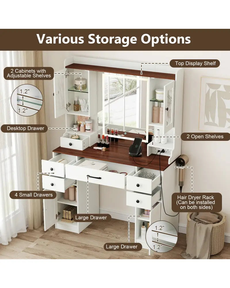 41.5 Inch Makeup Dressing Table with Power Outlets and 3 Color Lighting Modes-White+ - White - Makeup Vanities