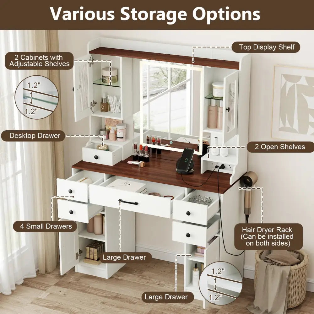 41.5 Inch Makeup Dressing Table with Power Outlets and 3 Color Lighting Modes-White+ - White - Makeup Vanities
