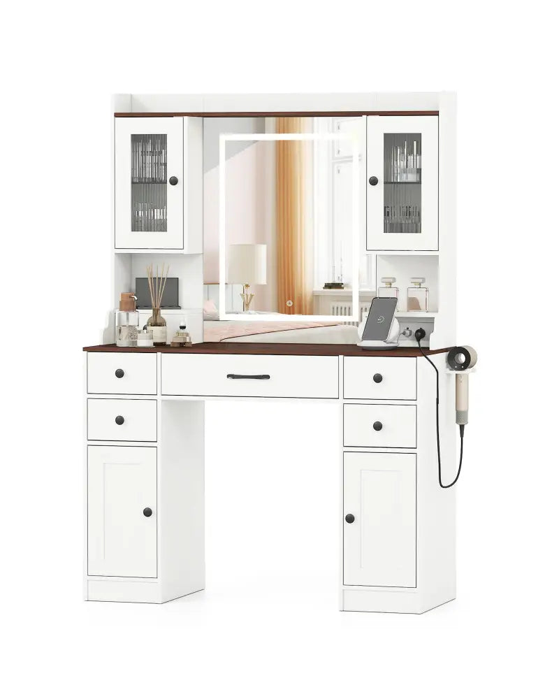 41.5 Inch Makeup Dressing Table with Power Outlets and 3 Color Lighting Modes-White+ - White - Makeup Vanities