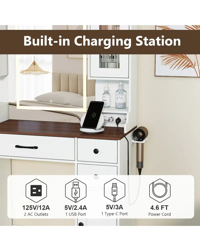 41.5 Inch Makeup Dressing Table with Power Outlets and 3 Color Lighting Modes-White+ - White - Makeup Vanities