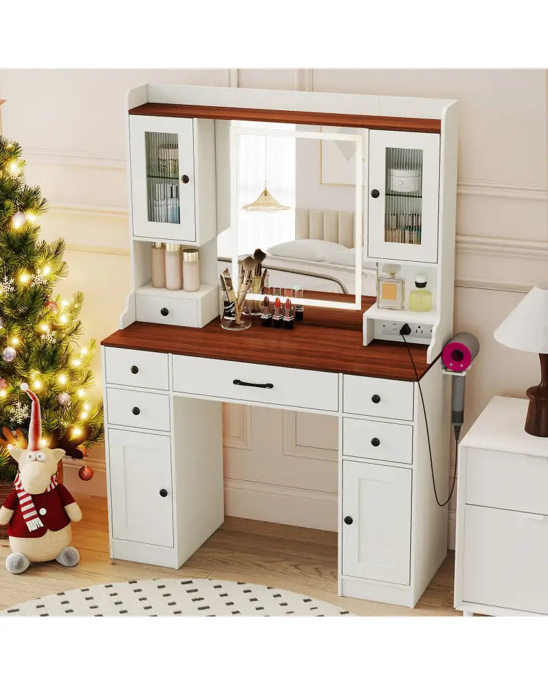 41.5 Inch Makeup Dressing Table with Power Outlets and 3 Color Lighting Modes-White+ - White - Makeup Vanities