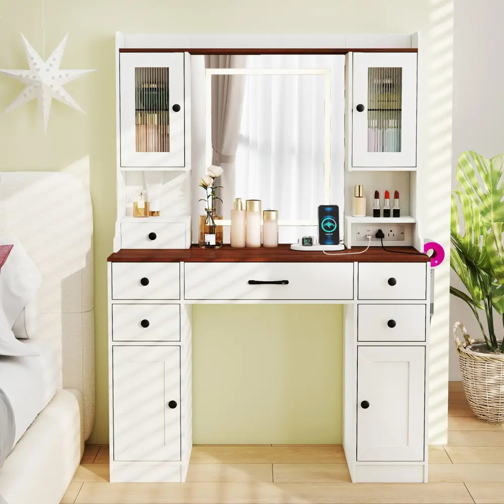 41.5 Inch Makeup Dressing Table with Power Outlets and 3 Color Lighting Modes-White+ - White - Makeup Vanities