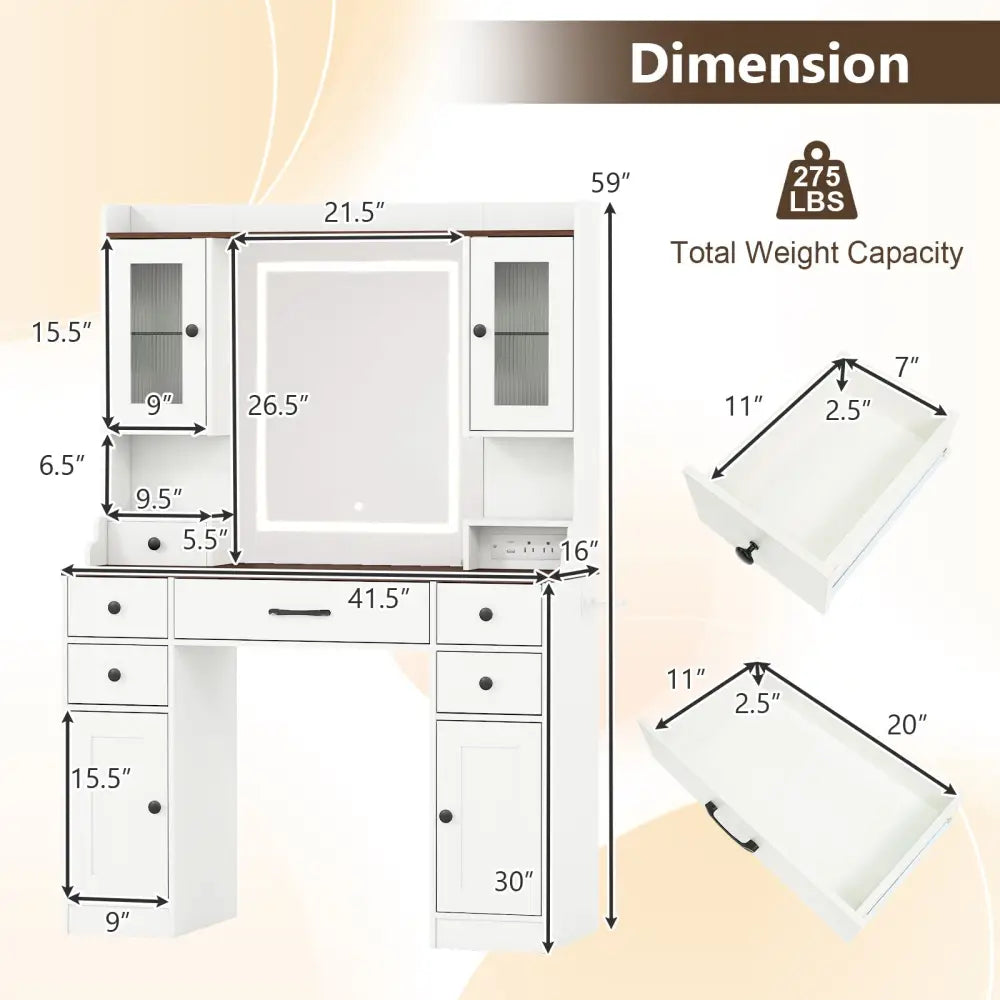 41.5 Inch Makeup Dressing Table with Power Outlets and 3 Color Lighting Modes-White+ Costway