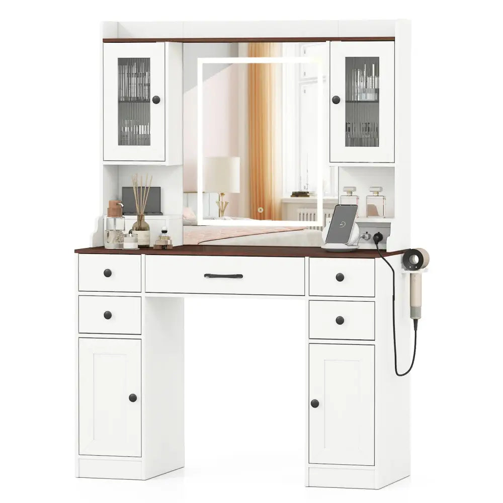41.5 Inch Makeup Dressing Table with Power Outlets and 3 Color Lighting Modes-White+ - White - Makeup Vanities