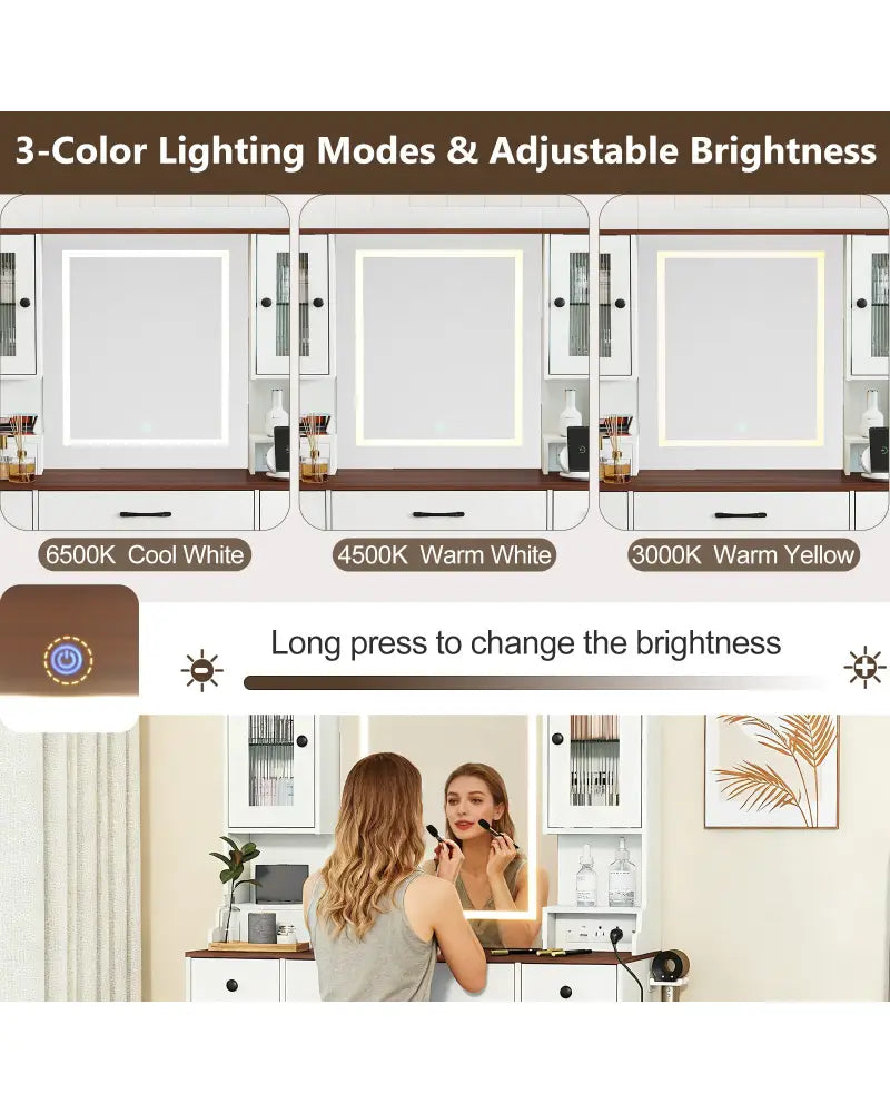 41.5 Inch Makeup Dressing Table with Power Outlets and 3 Color Lighting Modes-White+ - White - Makeup Vanities