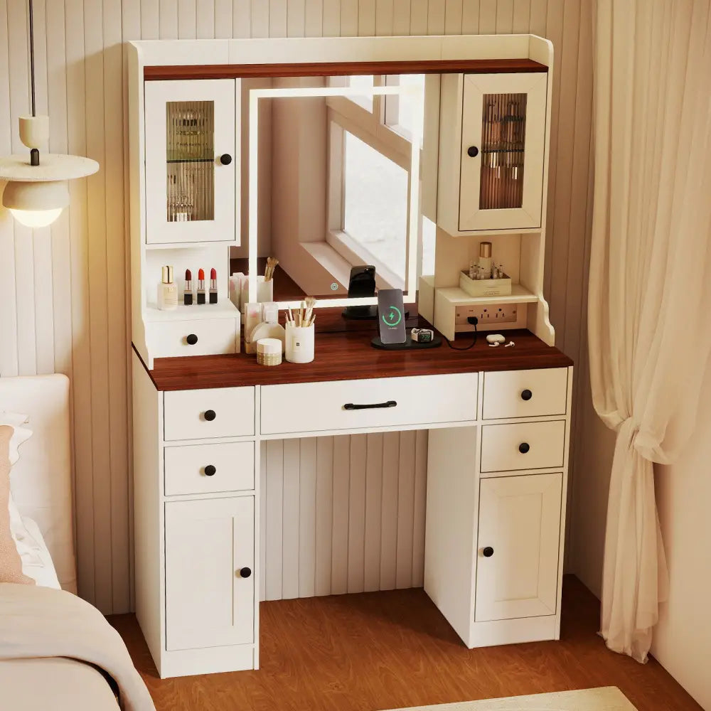 41.5 Inch Makeup Dressing Table with Power Outlets and 3 Color Lighting Modes-White+ - White - Makeup Vanities
