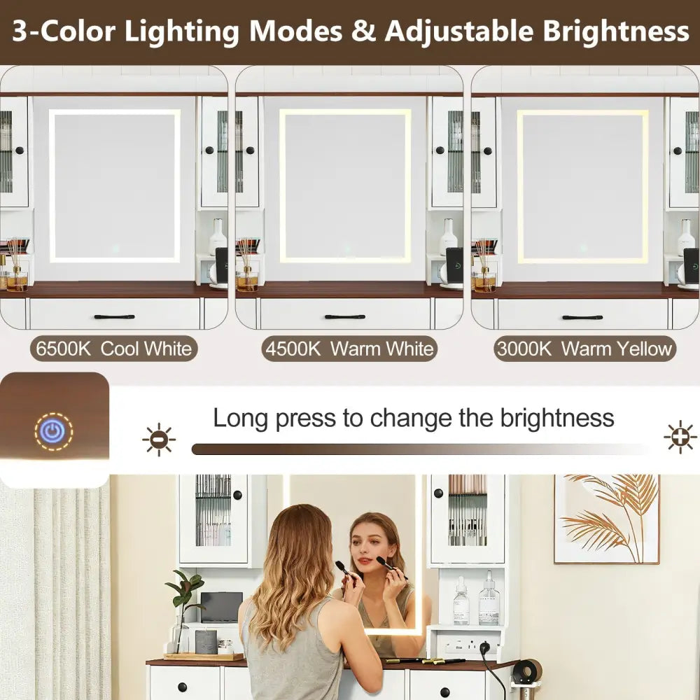 41.5 Inch Makeup Dressing Table with Power Outlets and 3 Color Lighting Modes-White+ Costway
