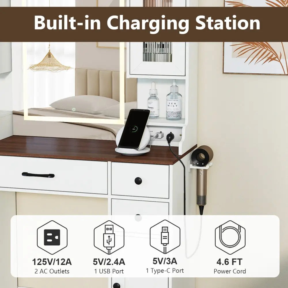41.5 Inch Makeup Dressing Table with Power Outlets and 3 Color Lighting Modes-White+ Costway
