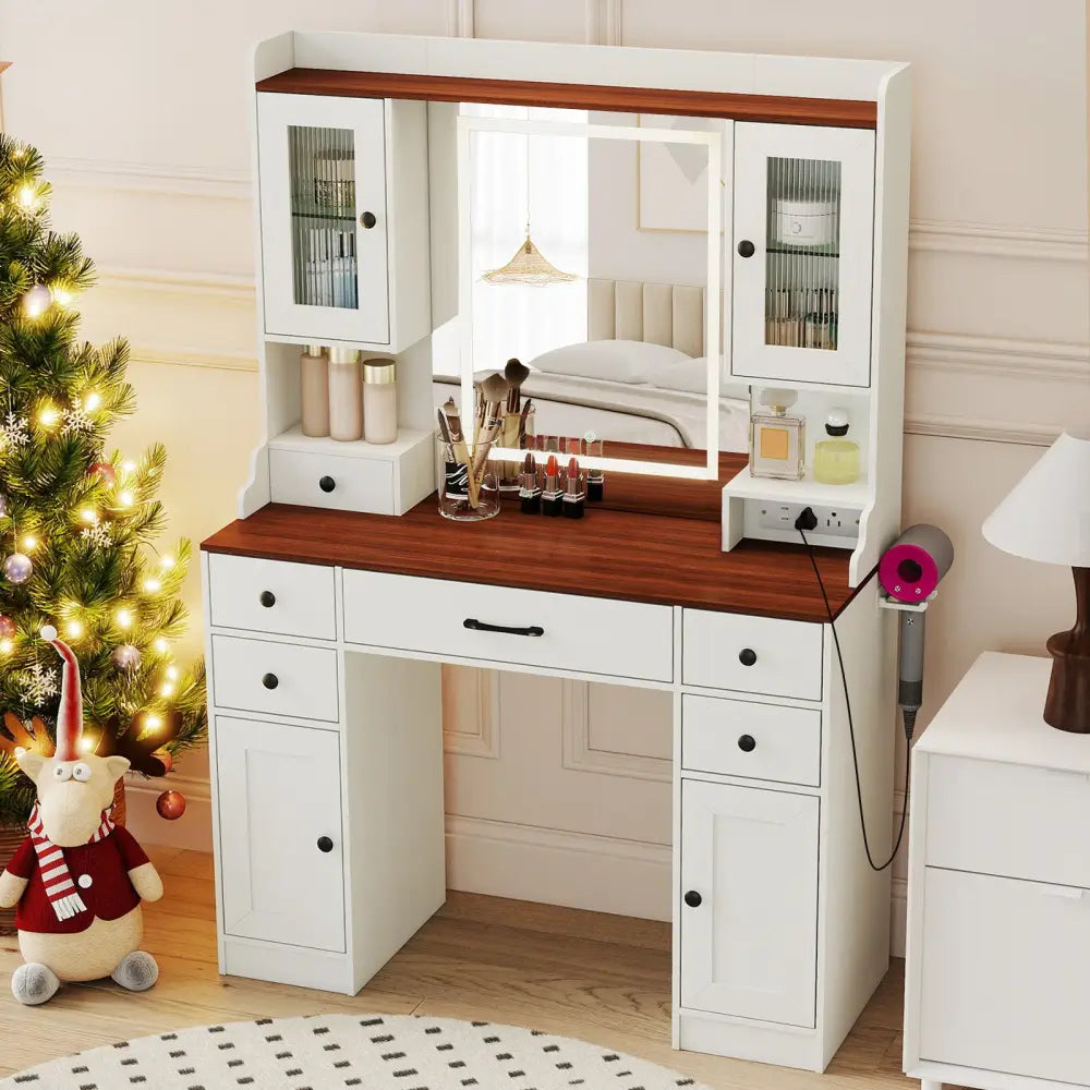41.5 Inch Makeup Dressing Table with Power Outlets and 3 Color Lighting Modes-White+ - White - Makeup Vanities