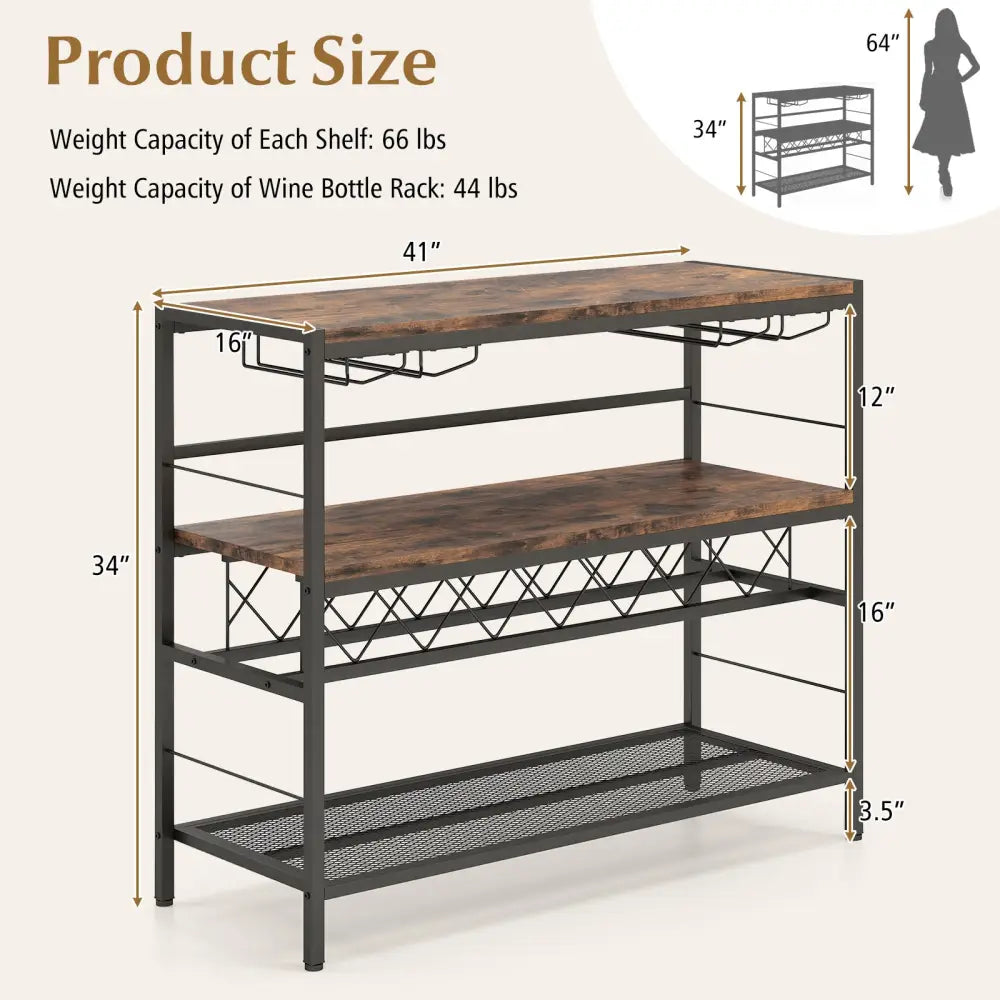 41 Inch 4-Tier Bar Table with Wine Rack and 4 Rows of Glass Holders-Rustic Brown - Rustic Brown - Wine Racks