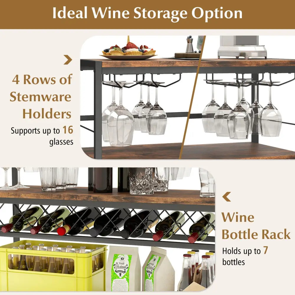 41 Inch 4-Tier Bar Table with Wine Rack and 4 Rows of Glass Holders-Rustic Brown - Rustic Brown - Wine Racks