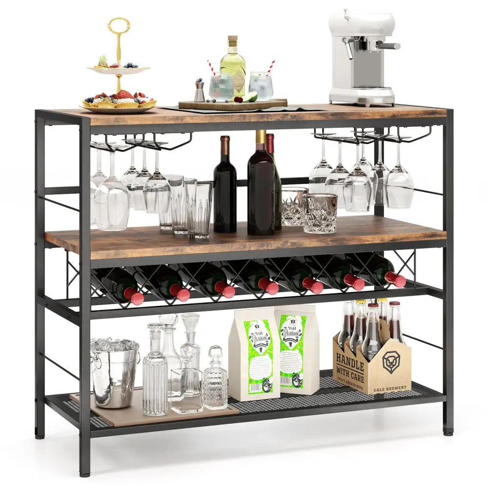 41 Inch 4-Tier Bar Table with Wine Rack and 4 Rows of Glass Holders-Rustic Brown - Rustic Brown - Wine Racks