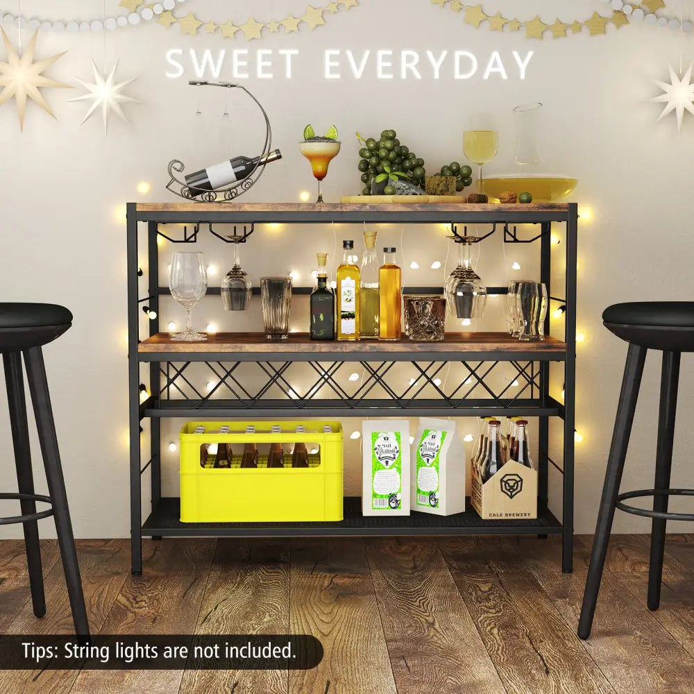 41 Inch 4-Tier Bar Table with Wine Rack and 4 Rows of Glass Holders-Rustic Brown - Rustic Brown - Wine Racks