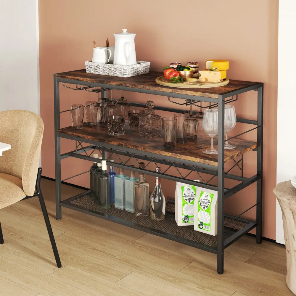 41 Inch 4-Tier Bar Table with Wine Rack and 4 Rows of Glass Holders-Rustic Brown - Rustic Brown - Wine Racks