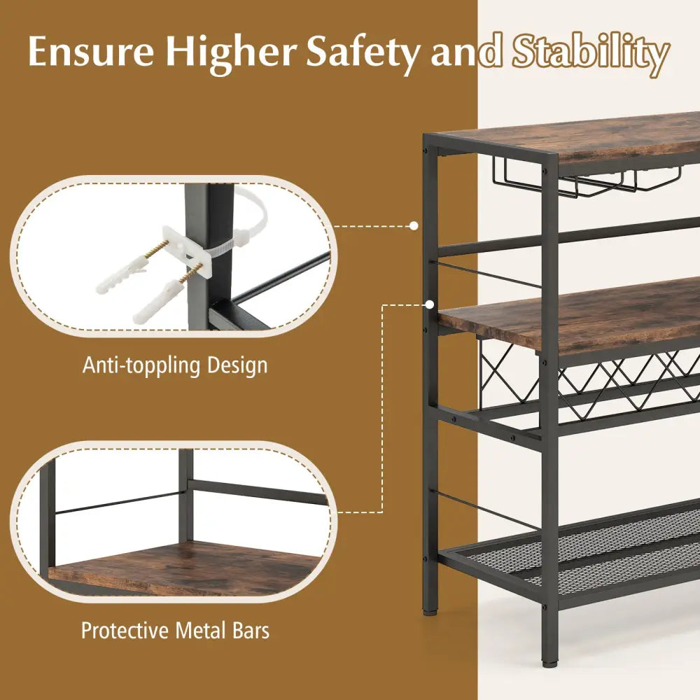 41 Inch 4-Tier Bar Table with Wine Rack and 4 Rows of Glass Holders-Rustic Brown - Rustic Brown - Wine Racks