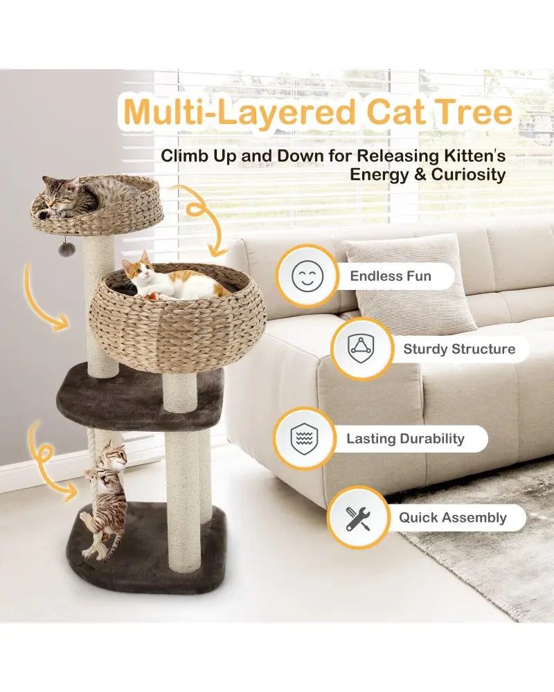 41 Inch Rattan Cat Tree with Napping Perch-Beige - Beige - Cat Trees Condos & Scratchers