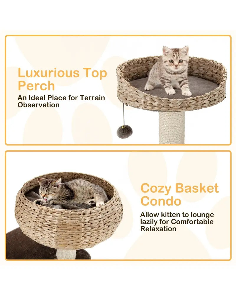41 Inch Rattan Cat Tree with Napping Perch-Beige - Beige - Cat Trees Condos & Scratchers