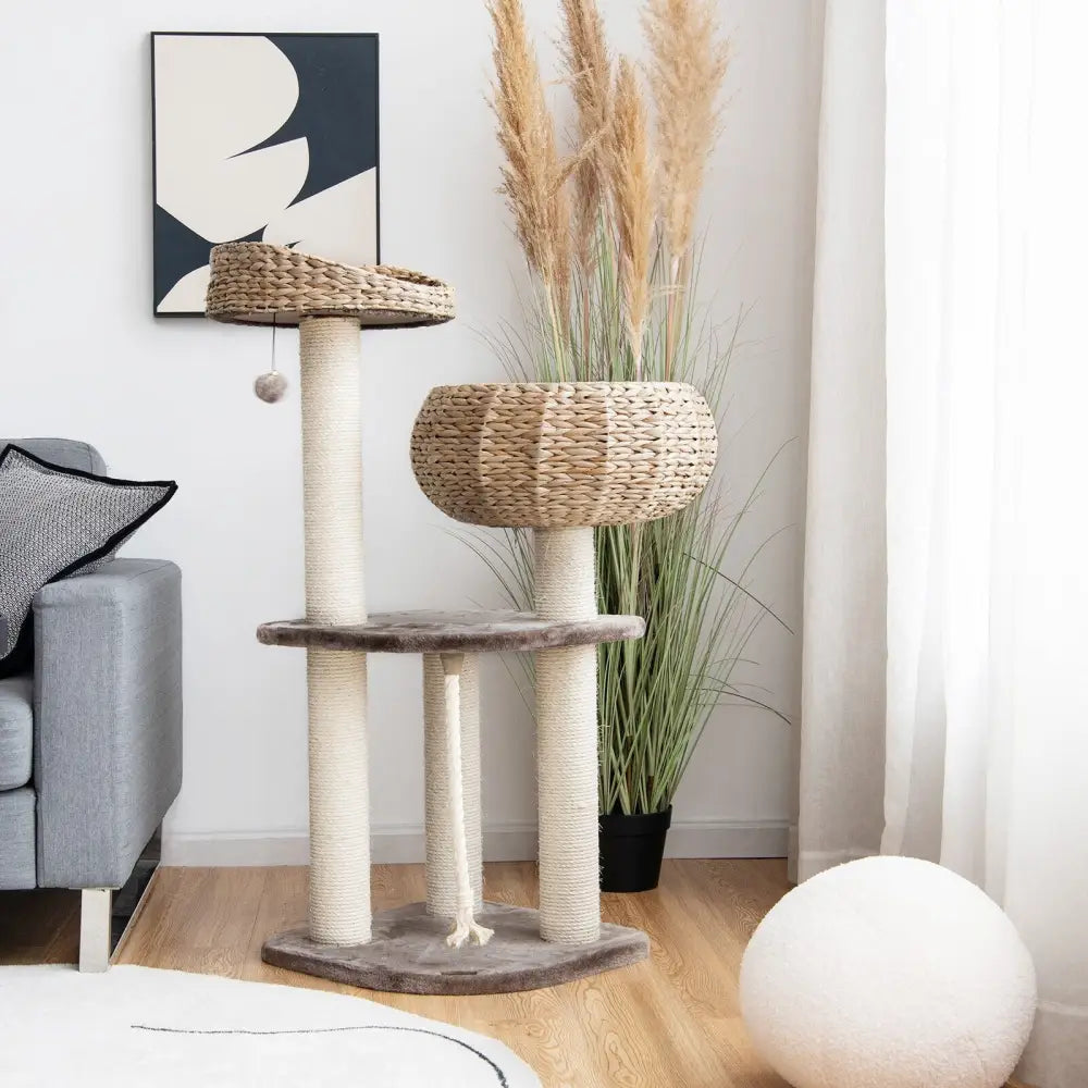 41 Inch Rattan Cat Tree with Napping Perch-Beige - Beige - Cat Trees Condos & Scratchers
