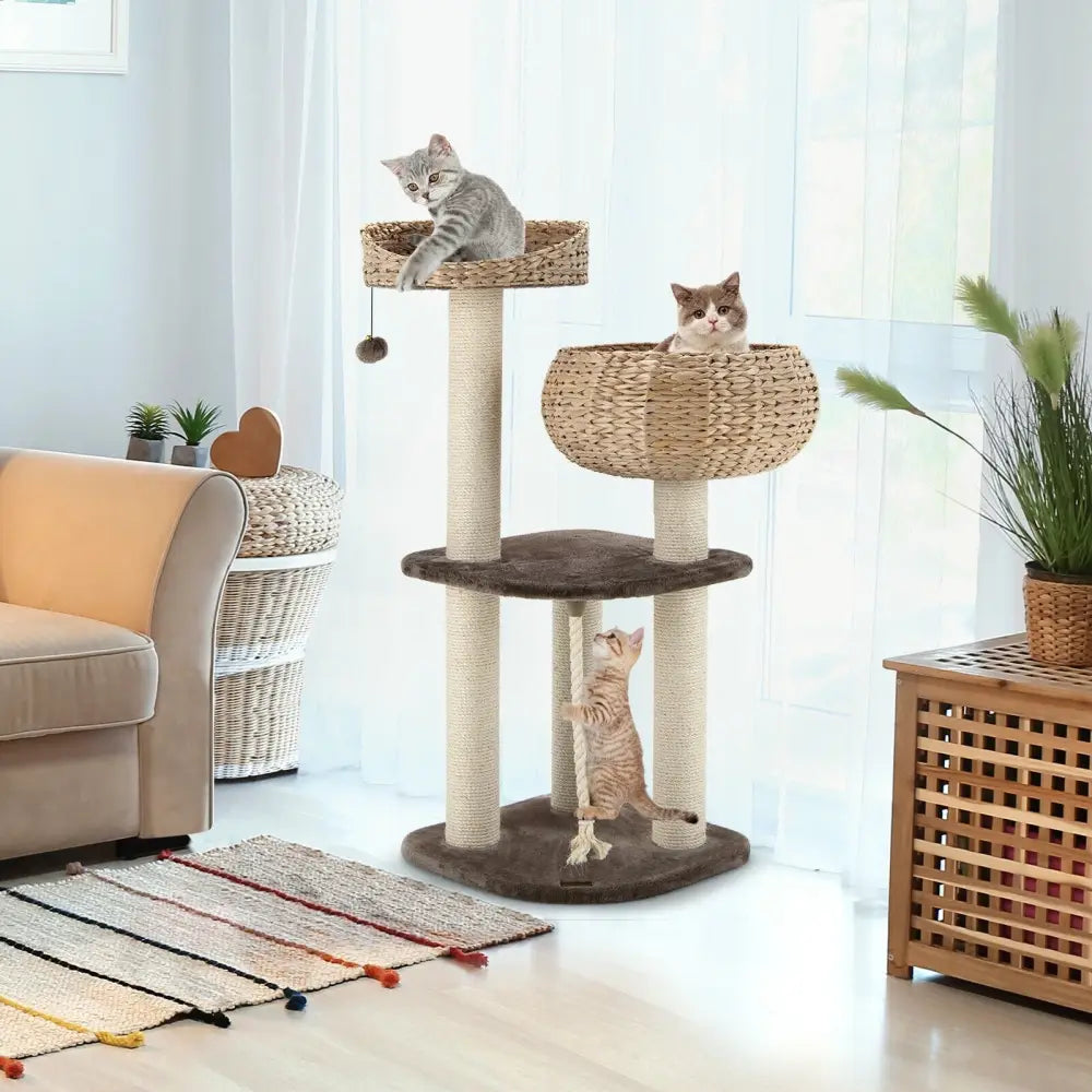41 Inch Rattan Cat Tree with Napping Perch-Beige - Beige - Cat Trees Condos & Scratchers
