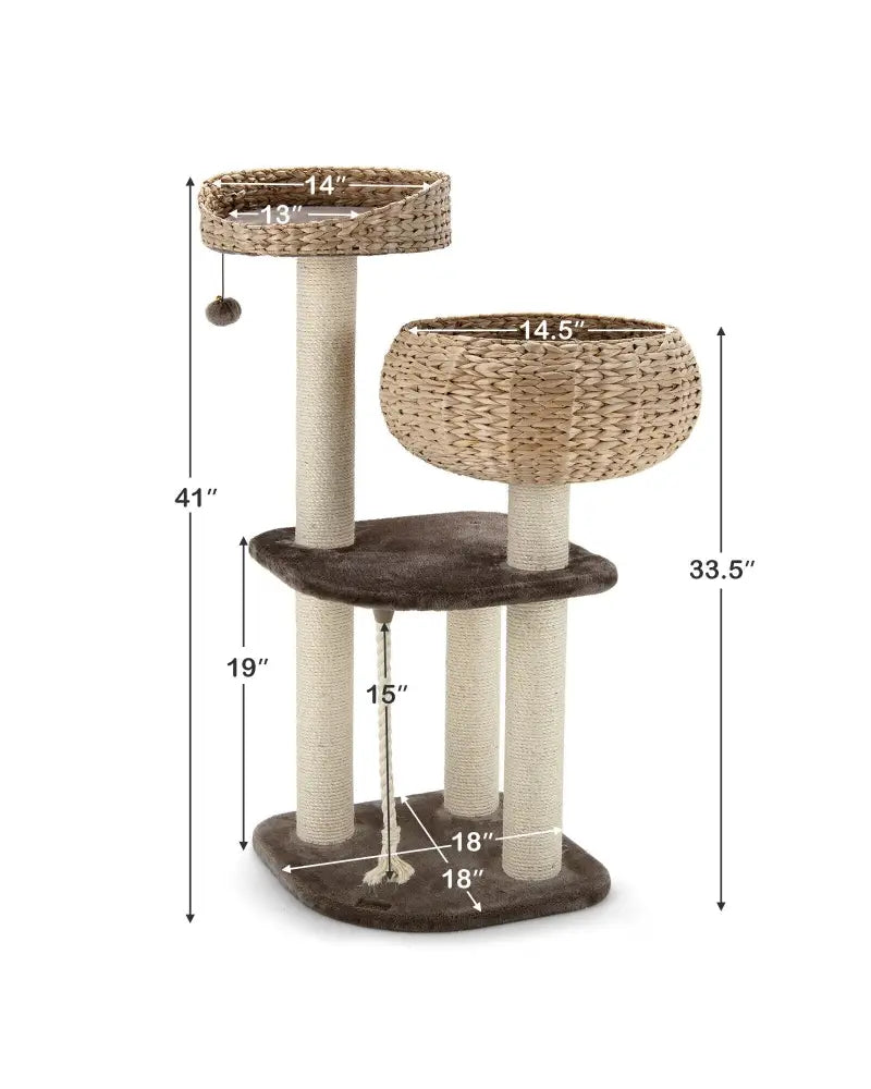 41 Inch Rattan Cat Tree with Napping Perch-Beige - Beige - Cat Trees Condos & Scratchers