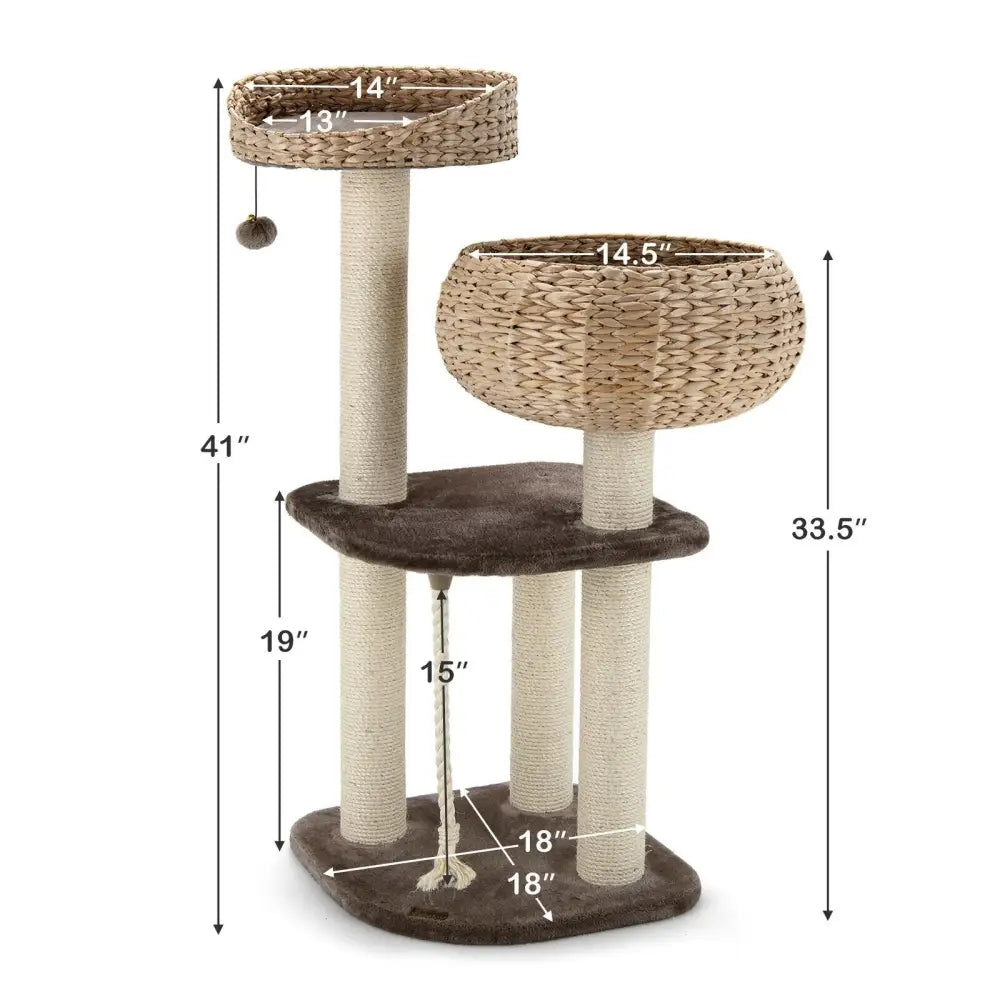 41 Inch Rattan Cat Tree with Napping Perch-Beige - Beige - Cat Trees Condos & Scratchers