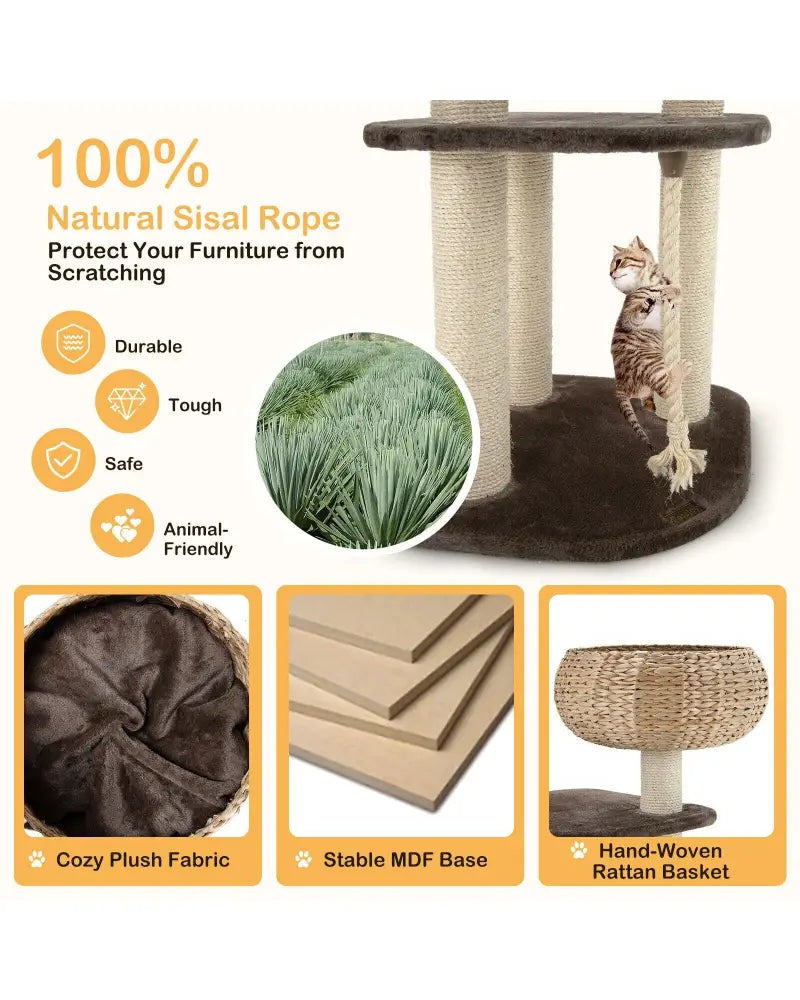 41 Inch Rattan Cat Tree with Napping Perch-Beige - Beige - Cat Trees Condos & Scratchers