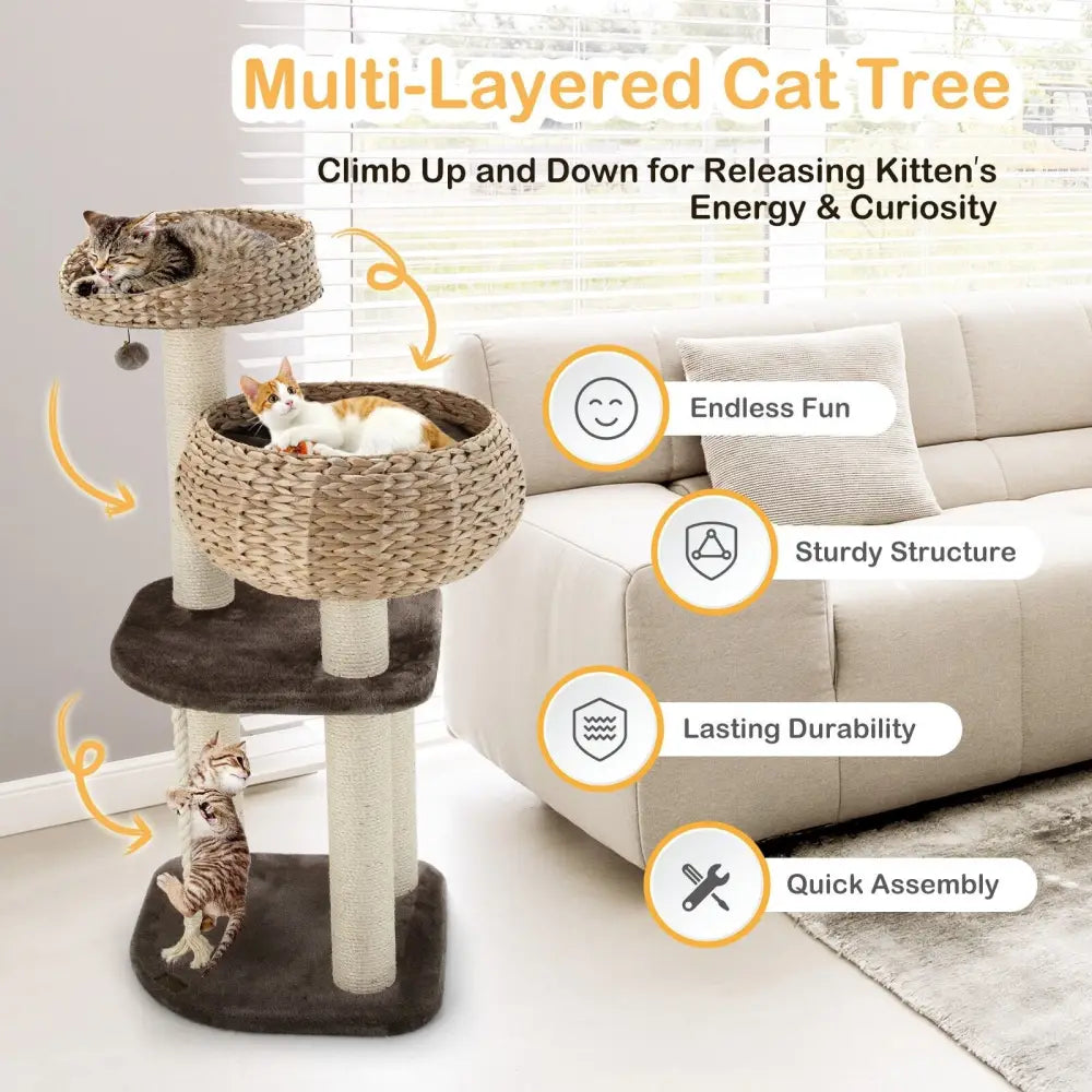 41 Inch Rattan Cat Tree with Napping Perch-Beige - Beige - Cat Trees Condos & Scratchers