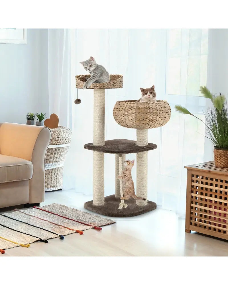 41 Inch Rattan Cat Tree with Napping Perch-Beige - Beige - Cat Trees Condos & Scratchers