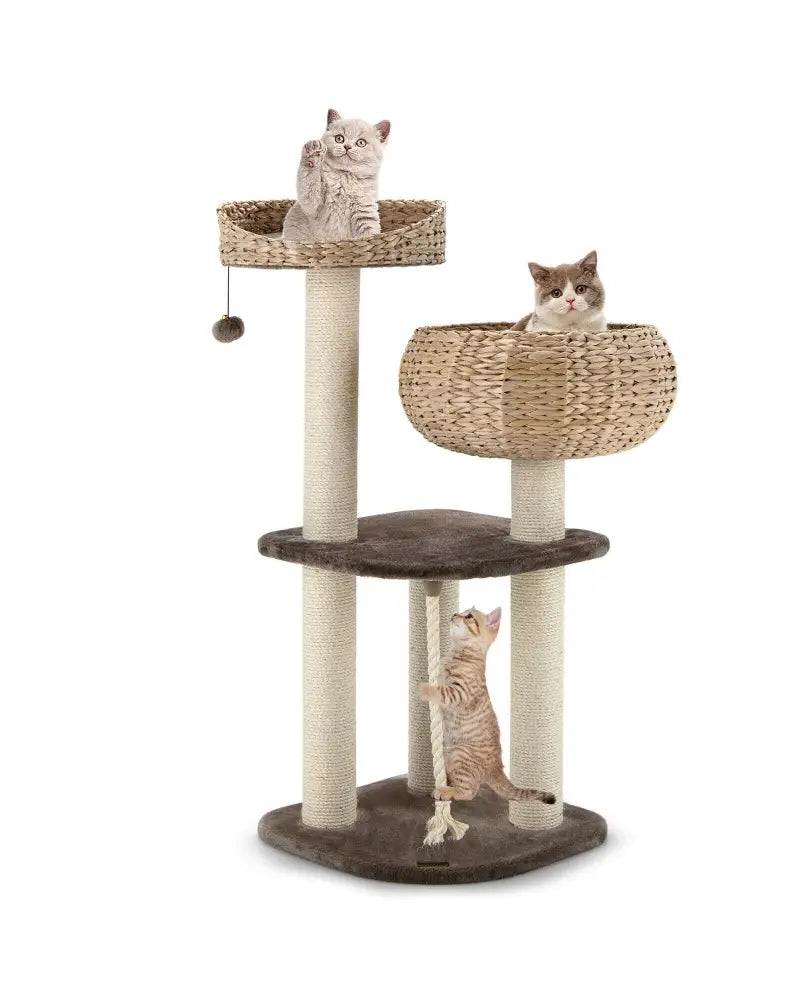 41 Inch Rattan Cat Tree with Napping Perch-Beige - Beige - Cat Trees Condos & Scratchers