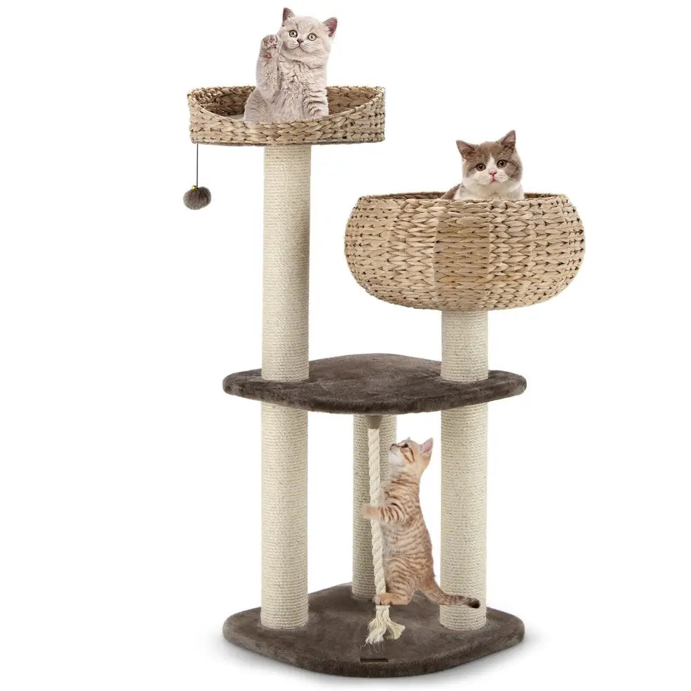 41 Inch Rattan Cat Tree with Napping Perch-Beige - Beige - Cat Trees Condos & Scratchers