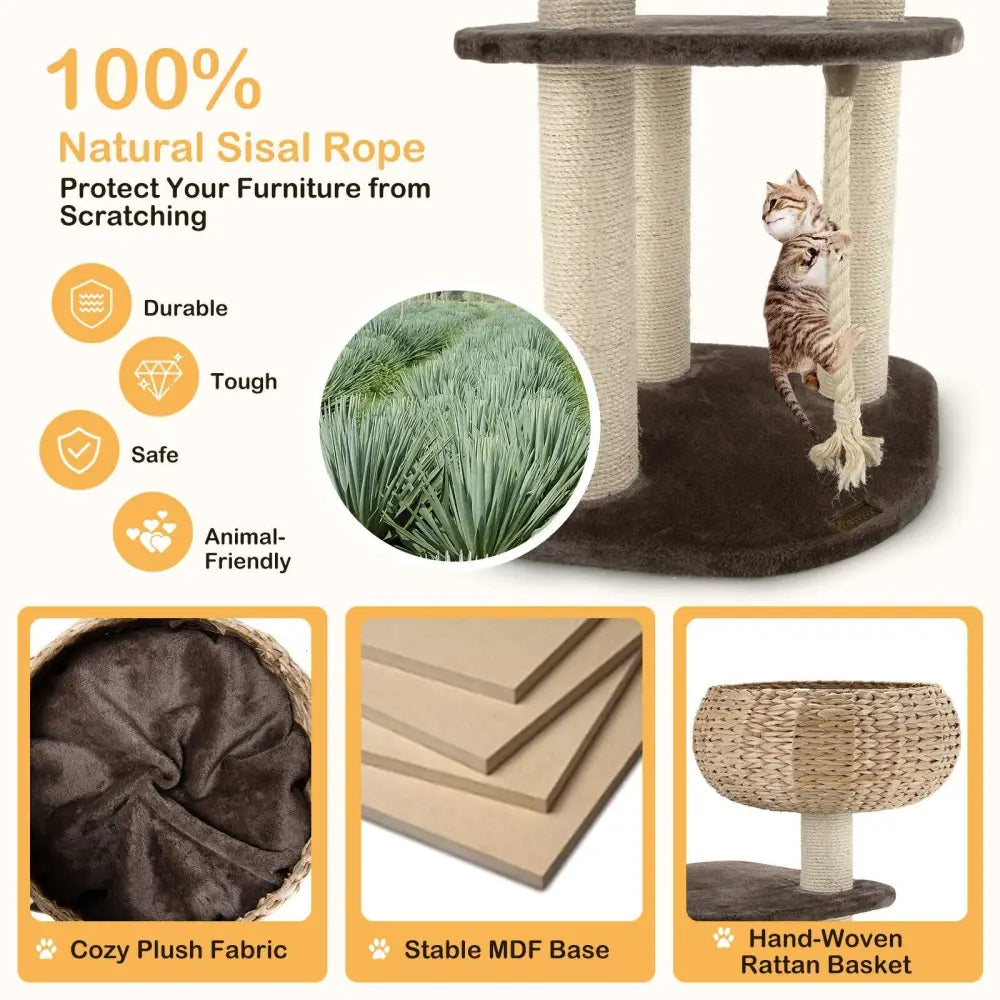 41 Inch Rattan Cat Tree with Napping Perch-Beige - Beige - Cat Trees Condos & Scratchers