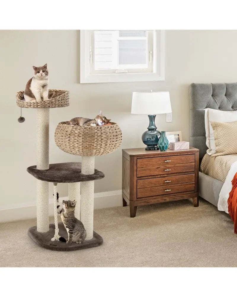 41 Inch Rattan Cat Tree with Napping Perch-Beige - Beige - Cat Trees Condos & Scratchers