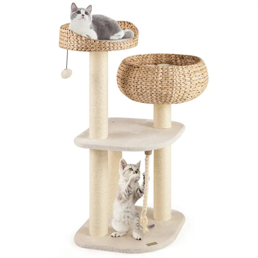 41 Inch Rattan Cat Tree with Napping Perch-White - White - Cat Trees Condos & Scratchers